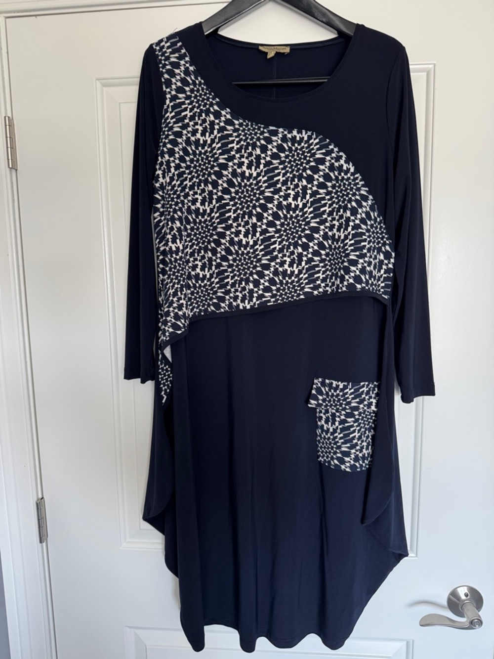 Navy Blue Long Sleeve Patterned Tunic Dress